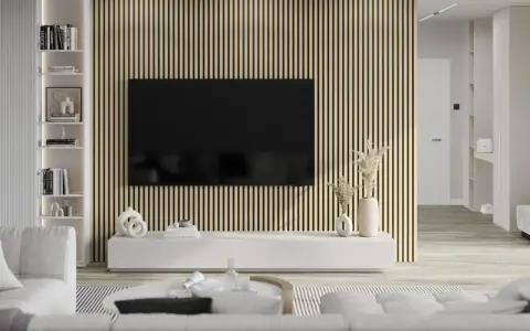 Nowoczesne lamele w salonie aranżacje tworzą przytulną atmosferę. Elegancka biel mebli i subtelne dodatki.