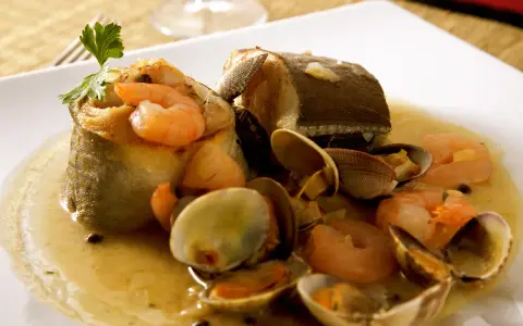 Delicioso abadejo a la donostiarra con gambas y almejas en una salsa dorada, adornado con perejil fresco.