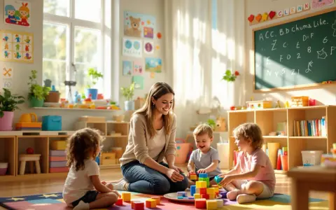 Uśmiechnięta przedszkolanka bawi się klockami z dziećmi. Choć nie wiemy, ile zarabia przedszkolanka, jej praca daje radość.