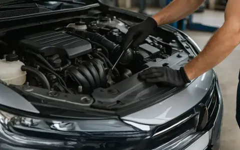 Meccanico con guanti neri lavora sul motore di un'auto, forse per la rigenerazione auto diesel.