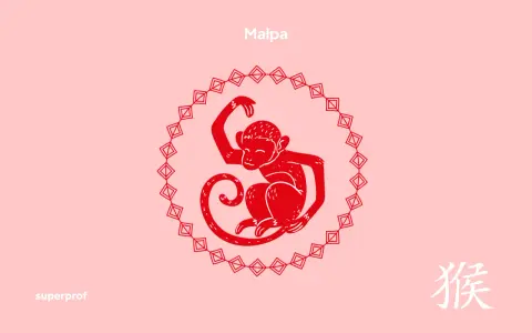Czerwona, stylizowana małpa w okręgu z chińskim znakiem zodiaku.