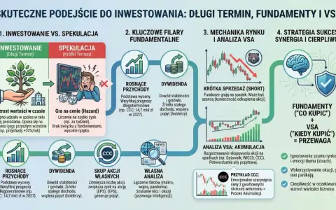 Schemat porównuje inwestowanie długoterminowe z krótkoterminową spekulacją, podkreślając znaczenie fundamentów i analizy VSA dla osiągnięcia przewagi, np. w przypadku akcji CCC.