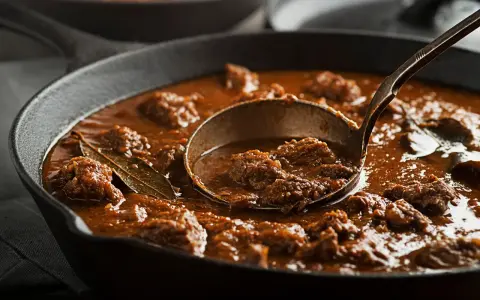 Un ricco spezzatino, uno dei piatti tipici del Friuli Venezia Giulia, servito in una padella di ghisa con un mestolo.