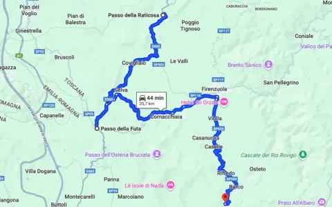 Mappa del percorso in moto per il Passo della Futa, con tappe a Firenzuola e Cornacchiaia.