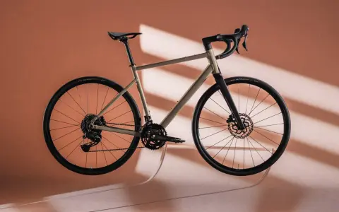 Ein Gravelbike in einem sanften Sandton, das wie ein Kunstwerk schwebt. Der Rahmen und die Reifen bilden einen harmonischen rose blend mit dem Hintergrund.