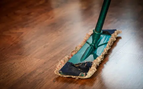 Ein Mopp reinigt einen Holzboden. Die richtige Parkett Pflege sorgt für Glanz und Langlebigkeit.