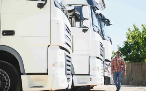 Kierowca idzie obok rzędu białych ciężarówek. To właśnie spedycja co to – transport towarów na dużą skalę.