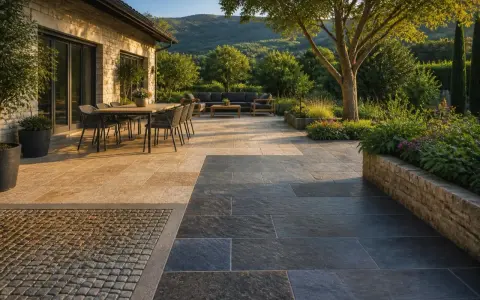 Une belle terrasse en pierre naturelle, avec un coin repas et un salon extérieur, entourée d'un jardin luxuriant.