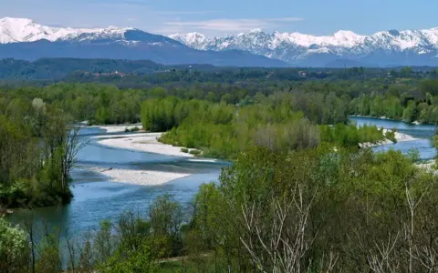 Il fiume Ticino serpeggia tra boschi rigogliosi, con montagne innevate all'orizzonte.