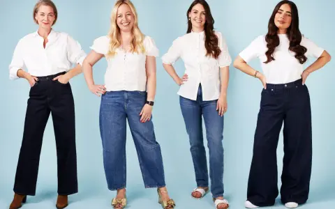 Four women showcase different jean types: wide-leg dark wash, cropped wide-leg blue, straight-leg blue, and ultra-wide dark wash.