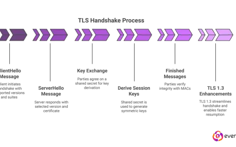 TLS handshake process: ClientHello, ServerHello, Key Exchange, Derive Session Keys, Finished Messages, and TLS 1.3 Enhancements. The minimum TLS version is crucial for security.