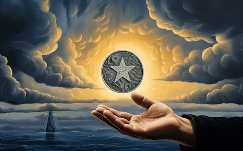 Dłoń trzyma monetę z gwiazdą, jak w talii monet tarot, na tle burzowych chmur i morza.
