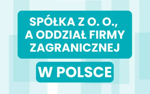Spółka z o.o. a oddział firmy za granicą działalność w Polsce. Jasne tło z niebieskimi prostokątami.