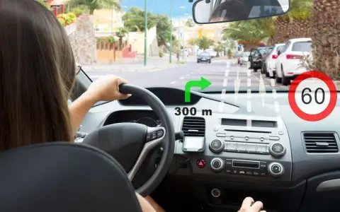 System rozpoznawania znaków drogowych pokazuje skręt w prawo za 300 m i ograniczenie prędkości do 60 km/h.