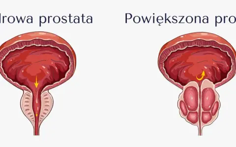 Porównanie zdrowej i powiększonej prostaty. Powiększona prostata może powodować problemy z oddawaniem moczu, co jest jednym z objawów przerostu gruczołu krokowego.