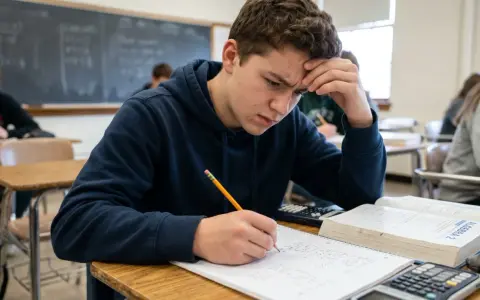 A frustrated student with hand on forehead, writing in a notebook in a classroom.