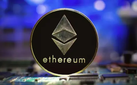 Złoty token Ethereum z symbolem sieci i napisem "ethereum" na tle niebieskiego światła i obwodów drukowanych. To symbol technologii ERC-20.