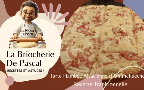 Une délicieuse tarte flambée alsacienne, aussi appelée flammekueche, garnie de lardons et de crème. Pascal de La Briocherie partage sa recette traditionnelle.