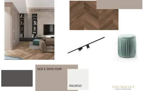 Moodboard con parquet a spina di pesce, pouf verde acqua e campioni di colore. I colori che stanno bene con il tortora includono grigi caldi e tonalità neutre.