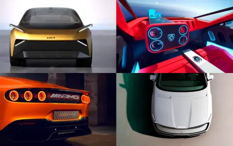 Kolaż czterech samochodów: złoty concept car z przodu, futurystyczne czerwone wnętrze, pomarańczowy tył sportowego auta, biały Skoda z góry.