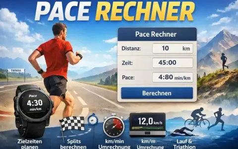 Läufer mit Laufuhr und Pace Rechner. Anzeige zeigt 10 km in 45 Min. bei 4:80 min/km. 6er Pace in km/h wird berechnet.