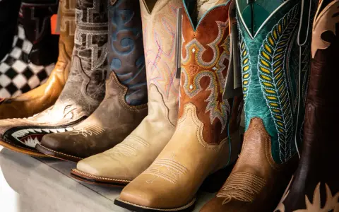 Una fila di stivali da cowboy colorati e ricamati, mostrando la differenza tra texani e camperos con vari design.
