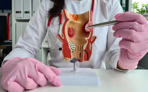 Lekarz w różowych rękawiczkach pokazuje model odbytu, wskazując na hemoroidy, które mogą powodować krew z odbytu.