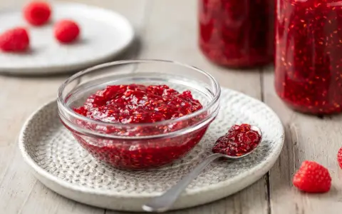 Una ciotola di vetro piena di marmellata di lamponi fatta in casa, con un cucchiaino e lamponi freschi sullo sfondo.