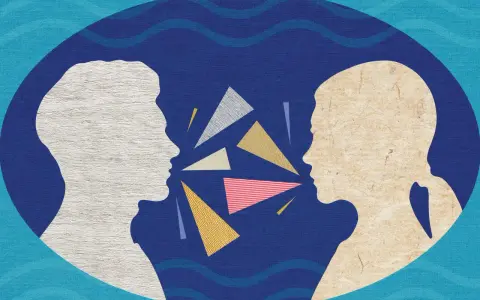 Due profili si fronteggiano, circondati da forme geometriche colorate. Quante sono le emozioni che si scambiano in questo dialogo visivo?