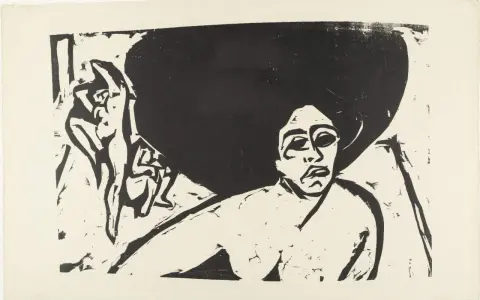 Retrato expresionista de Ernst Ludwig Kirchner. Figuras desnudas en el fondo.