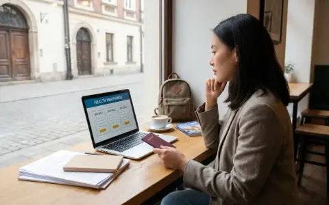 Kobieta analizuje opcje ubezpieczenia zdrowotnego na laptopie, trzymając paszport. W tle widać kawiarnię i ulicę.