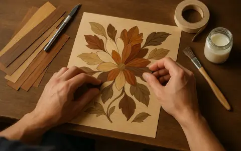 Mains ajustant des pièces de bois pour une marqueterie contemporaine florale. Outils et échantillons de bois à proximité.