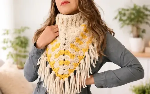 Bufandas de ganchillo fáciles con flecos, en crema y amarillo, lucen geniales.