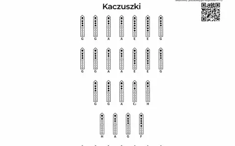 Kaczuszki: schematy palcowania fletu prostego dla nut G, A, E, C₂, H, F.