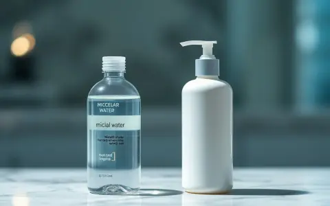 Due flaconi sul marmo: uno trasparente con acqua micellare, l'altro bianco con un erogatore.