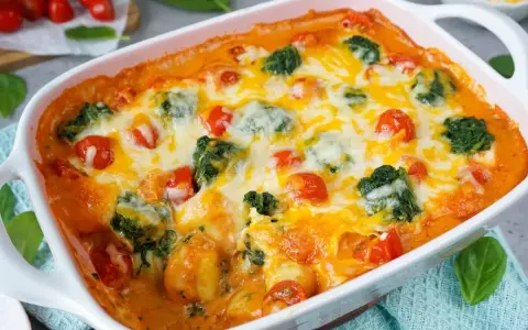 Herzhaftes Auflaufgericht mit Gnocchi, Brokkoli und Tomaten, überbacken mit Käse. Perfekt für kinder rezepte!