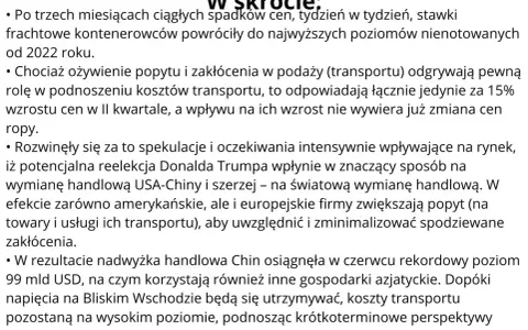 Stawki frachtowe kontenerowców rosną, wpływając na koszty transportu. Spekulacje i napięcia geopolityczne podnoszą perspektywy zysków dla żeglugi.