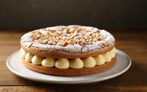 Gâteau dacquoise aux amandes, garni de crème onctueuse et saupoudré de sucre glace. Une délicieuse recette à essayer !