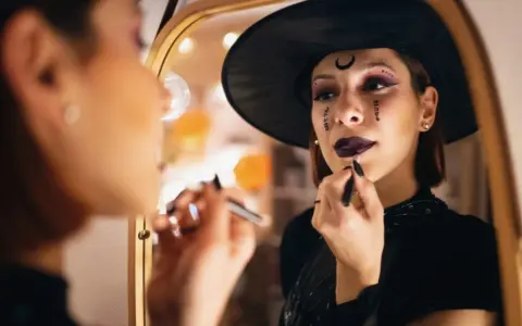 Frau mit Hexenhut und Halloween-Make-up trägt Lippenstift vor einem Spiegel auf.