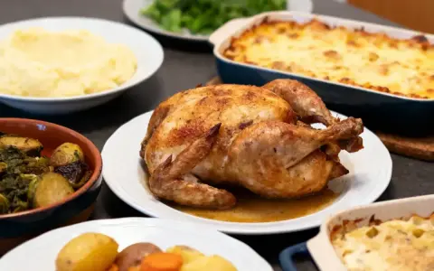 Un poulet rôti doré, entouré de purée, légumes rôtis et gratin. Un festin parfait pour un accompagnement poulet rôti.
