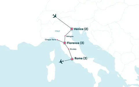 Map showing a Rome, Florence, Venice itinerary with flights and stops in Cinque Terre, Bologna, and Orvieto.