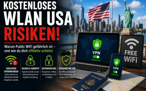 Kostenloses WLAN in den USA birgt Risiken wie einen "evil twin attack". Laptop, Handy, Pass und Karte zeigen VPN-Schutz vor Hackern.