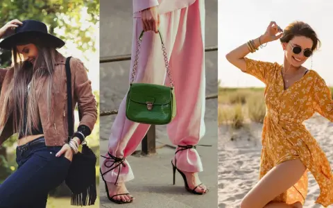 Trzy kobiety w modnych stylizacjach: w kapeluszu i brązowej kurtce, w różowych spodniach i zielonej torebce, oraz w żółtej sukience na plaży. Prawdziwe fashion victim!