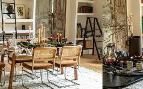 Ambiance chaleureuse pour aménager salle à manger : chaises cannées, table dressée avec bougies, fruits et feuillage.