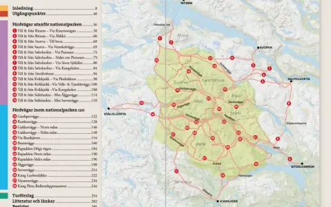 Karta över Sarek nationalpark med vandringsleder och platser. En resa genom Sarek nationalpark.