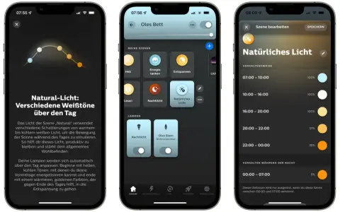 App-Ansicht: "Natürliches Licht" passt die Beleuchtung über den Tag an, von kühlem Morgenlicht bis warmem Abendlicht.