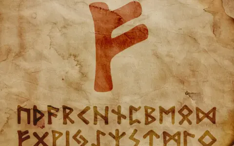 Runa Fehu, jak zrobić, na starym pergaminie. Widoczne runy F, U, TH, A, R, K, N, H, I, J, P, Z, S, T, B, E, M, L, NG, D, O.