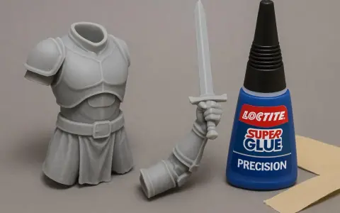 A grey resin knight's torso and arm with a sword are next to a bottle of Loctite Super Glue, suggesting does super glue work on resin for model assembly.