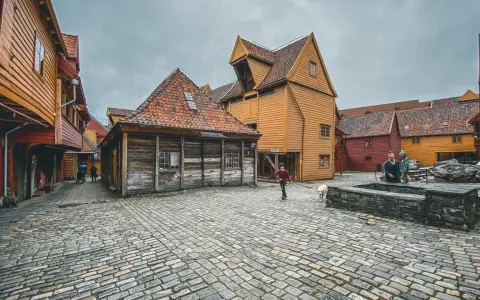 Bruggen w Bergen, Norwegia, z brukowanym placem i kolorowymi drewnianymi budynkami. Spacer z psem po urokliwych uliczkach.