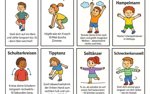Bewegungsspiele Grundschule: Kinder üben Einbein-Star, Frosch-Hüpfer, Wolkenpflücken, Fauler Hampelmann, Schulterkreisen, Tipptanz, Seiltänzer und Schneckenkarussell.